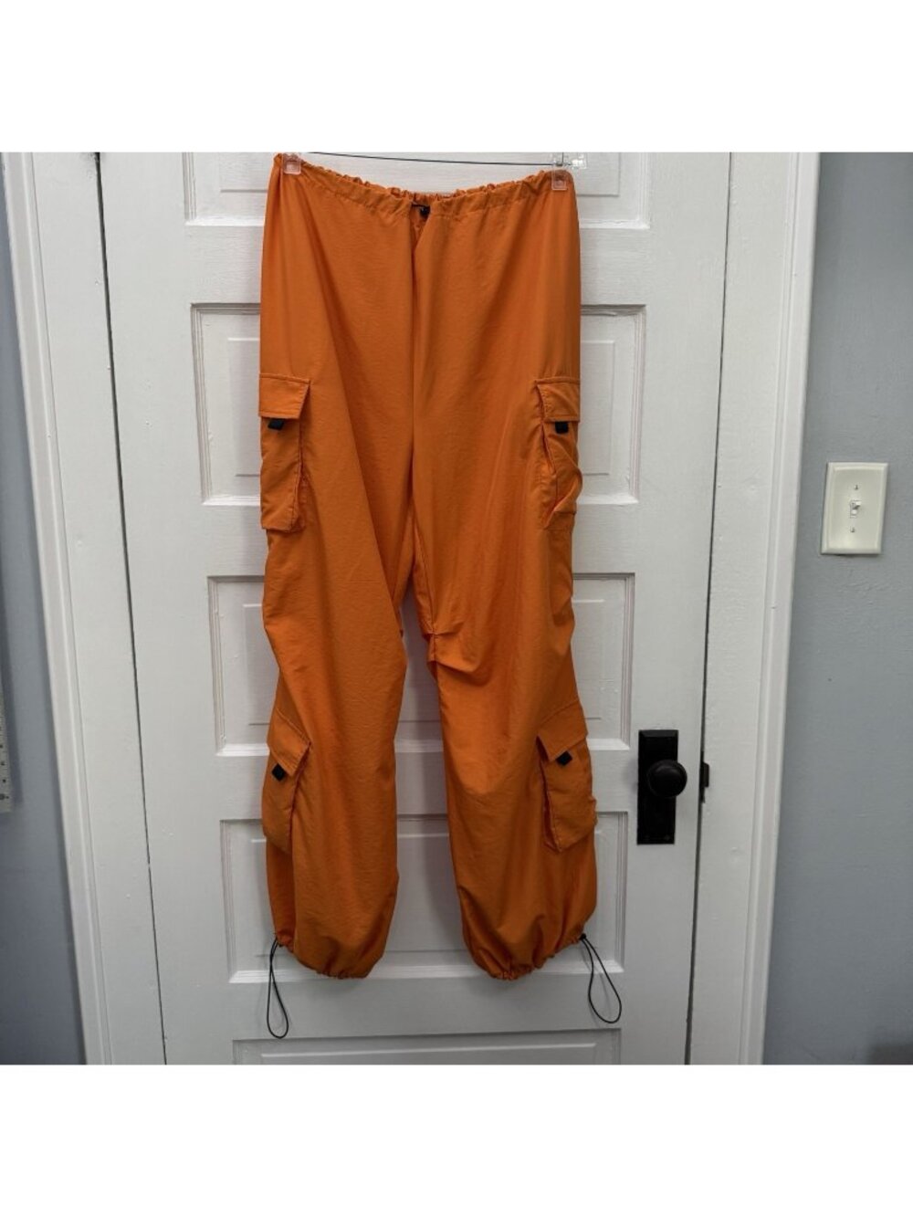 Look Sky Women L Orange Parachute Cargo Pants Drawstring Hem Utility